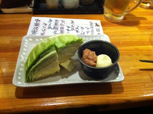 Raw cabbage with white miso and mayonnaise ... Healthy, except for the mayonnaise and the first beer that went with it.
