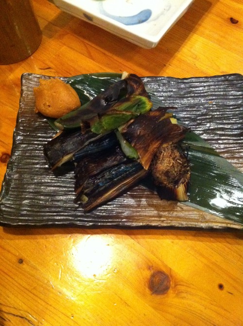 Our Japanese host Kazuo ordered this dish saying that these charred leeks are a highly seasonal dish. Peel back the charred layers and the soft cook leek, the flavor of mild onion, reveals itself. A little miso paste is served on the side for seasoning.