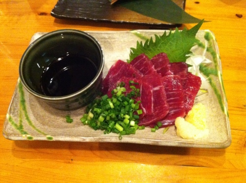Horse meat sashimi. Horse. Meat. Sashimi. #horse #meat #sashimi . Served with ginger, garlic, green onion, and sweet soy sauce. It tastes like ... (raw) chicken! Just kidding.... It tastes like raw beef.